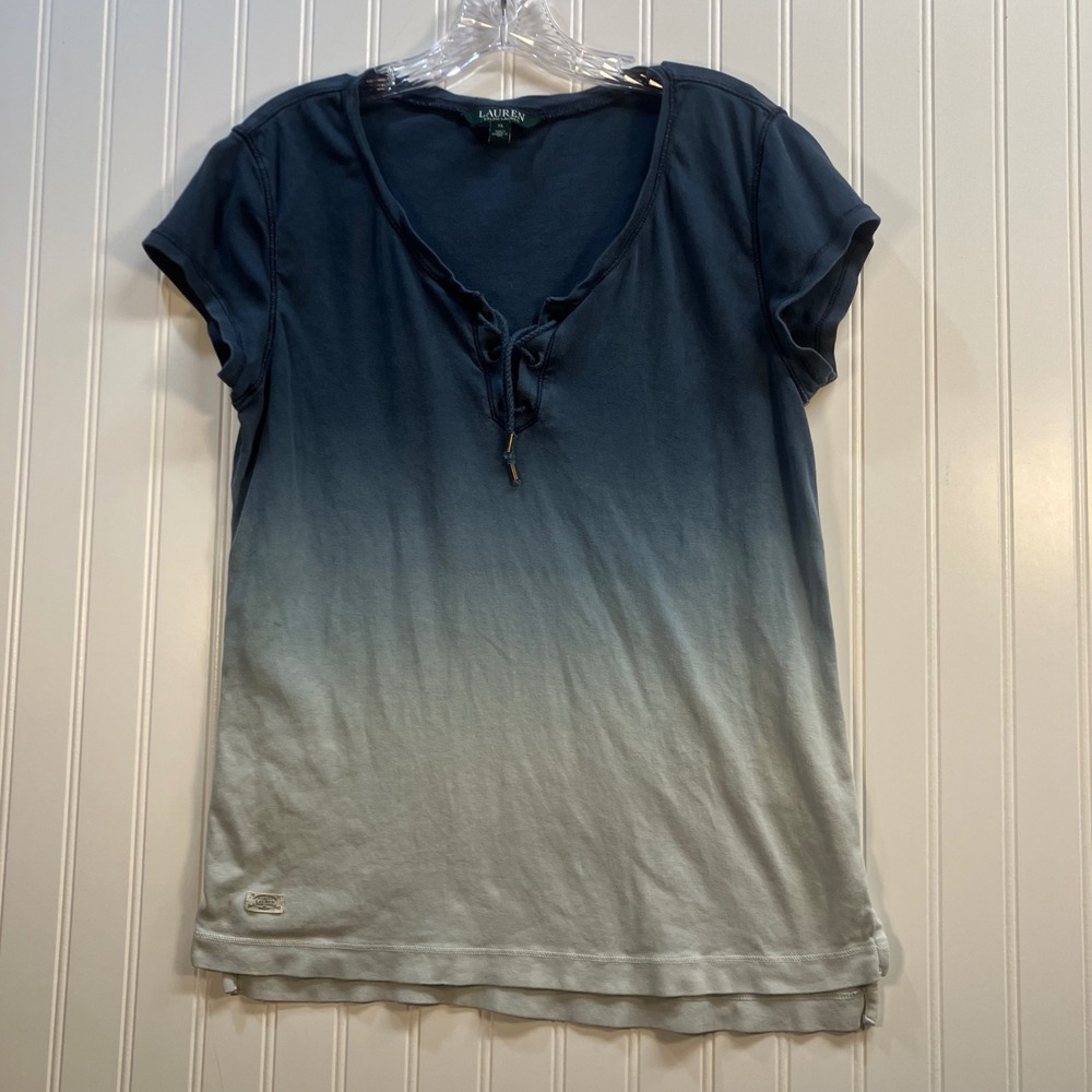 Lauren Ralph Lauren Women XL Blue Grey Ombre Lace Up Cotton T-Shirt Short Sleeve